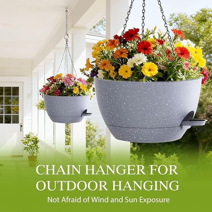 SQKH 10 Inch Hanging Baskets 2 PC with Chains, Self-Watering Hanging Planters for Indoor Outdoor Plants, Plastic Hanging Flower Pots,Speckled Grey