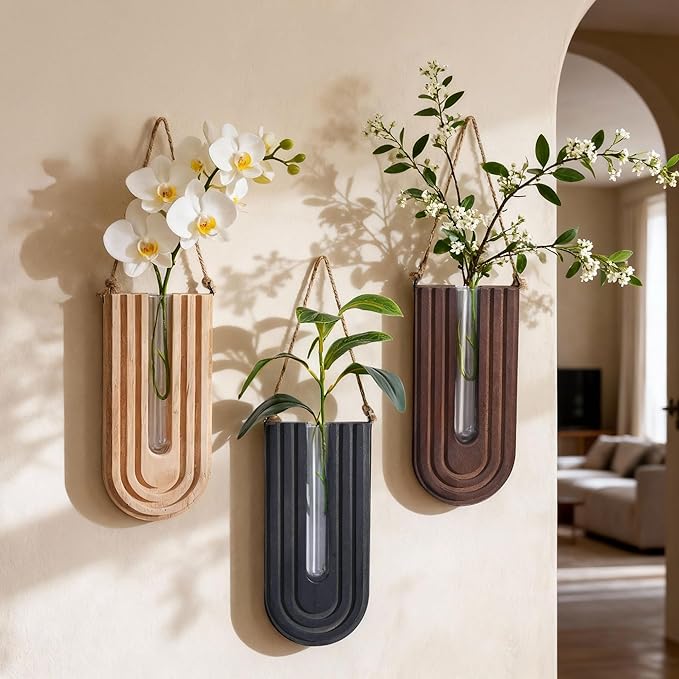 Wooden Wall Vase Set of 3, Wall Hanging Planter Modern Farmhouse Wall Decor for Boho Wall Decor for Indoor Entryway Hallway Bathroom Living Room Dining Room