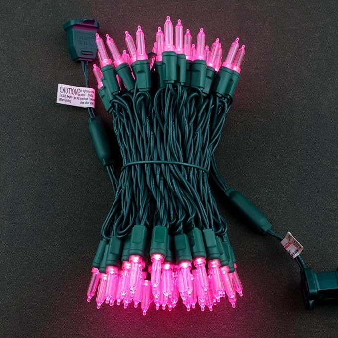 YULETIME 100 Pink One-Piece T5 LED Christmas Lights, 33 ft High Waterproof UL Certified Green Wire String Lights (Pink)