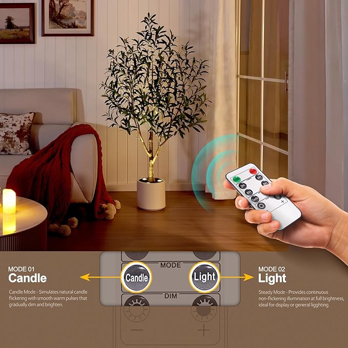 Verinatural Olive Trees Artificial Indoor 5FT - Realistic Fake Plants with Remote LED Spotlights, White Planter - Faux Olive Tree for Home Living Room Office Floor Bedroom Decor,VN214