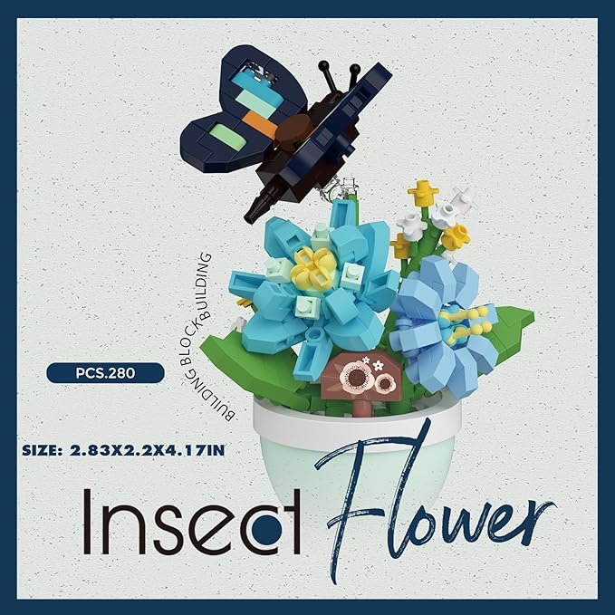 Sacblirr Mini Flower Bonsai with Cute Insects Blue Rosa Butterfly - DIY Potted Plant Building Blocks for Kids and Adults, Botanical Collection Decor Toy