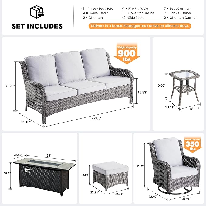 ovios 10 Pieces Patio Furniture Set, Outdoor Wicker Sofa Couch with Swivel Chairs 54" Fire Pit Table, High Back Modern All Weather Conversation Sets, Grey Rattan, Grey