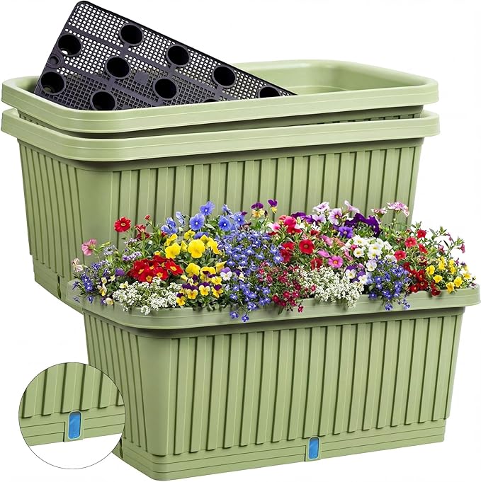 3 Pcs 28 Inches Large Planter Boxes Deep Rectangular Planter Boxes Outdoor Lightweight Plastic Planting Flower Pot with Drainage Holes Plant Pot for Patio, Courtyard, Lawn, Outdoor