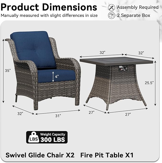 3 Pieces Outdoor Wicker Patio Furniture Set with Fire Pit Table, Patio Chair Set with Thickened Olefin Cushions, High Back and Deep Seating, Hand-Woven PE Rattan for Porch, Deck
