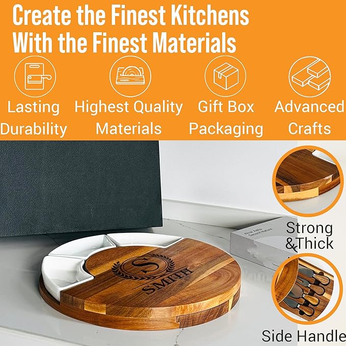 Personalized Cheese Board, 13'' Custom Charcuterie Board Gift, Acacia Wood Boards with Knives for Serving - Gifts for Housewarming New Home, Wedding, Anniversary, Christmas, Couples, Birthday