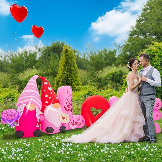 12FT Valentine Inflatables Outdoor Decorations-Love Valentines Day Inflatable Gnome Hold Rose Blow Up Yard Decorations with LED Lights Spring Outside Holiday Party Garden Lawn Decor