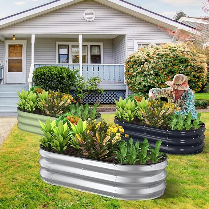 Kesfitt Raised Garden Bed, 4x2x1 FT Galvanized Steel Metal Raised Garden Bed, Oval Open-Bottom Design, 12-Inch Deep for Outdoor Vegetable & Herb Gardening, Midnight Blue