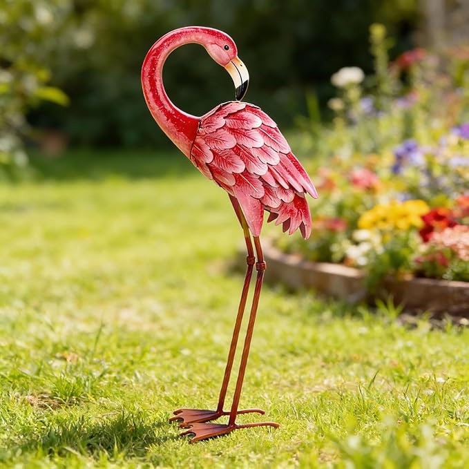 Shorayn Garden Statues Flamingo Sculptures Metal Yard Art, Pink Bird Art Outdoor Backyard Decor Patio Lawn Porch Ornament Flamingo Yard Decoration