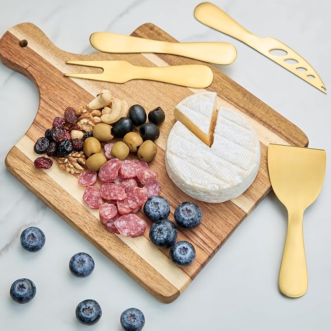 15Pcs Luxury House Warming Gifts New Home, Housewarming Gift Basket for Couples Friends First Apartment, Closing Gifts for Home Buyers, with Unique 3D Card Acacia Cutting Board Gold Cheese Knives