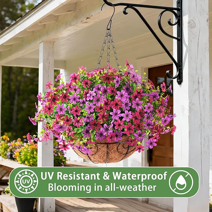 INQCMY Artificial Flowers Hanging Baskets for Outdoors Spring Decor, 12 Bundles Fake Plants Faux Silk Daisy with Eucalyptus Stem UV Resistant for Outside Patio Balcony Garden(Purple Fuchsia)