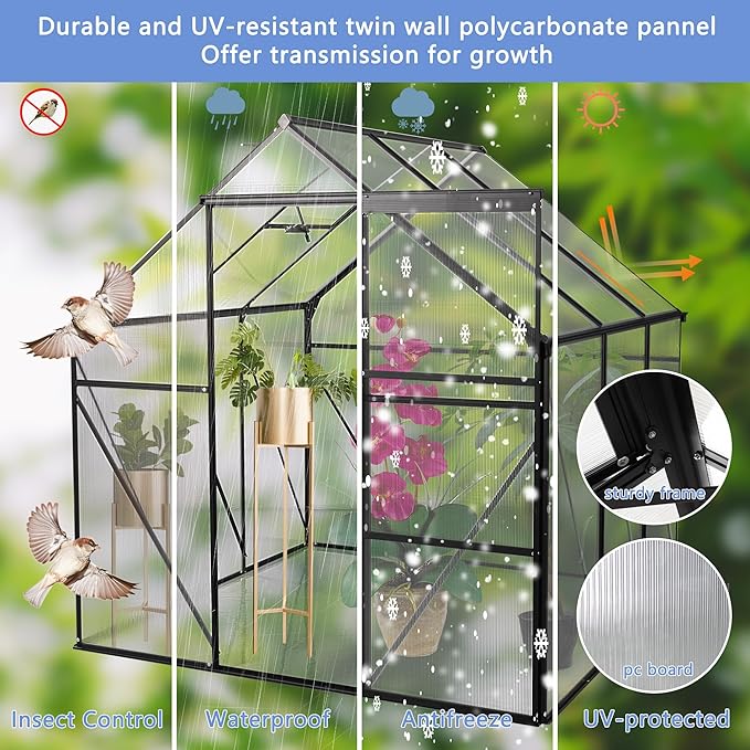 Favfurish 6x6 FT Polycarbonate Walk-in Greenhouse, All Season Garden Green Houses, Aluminum Hot House w/ Raised Base, Adjustable Vent Roof & Sliding Door for Outdoor Backyard, Black