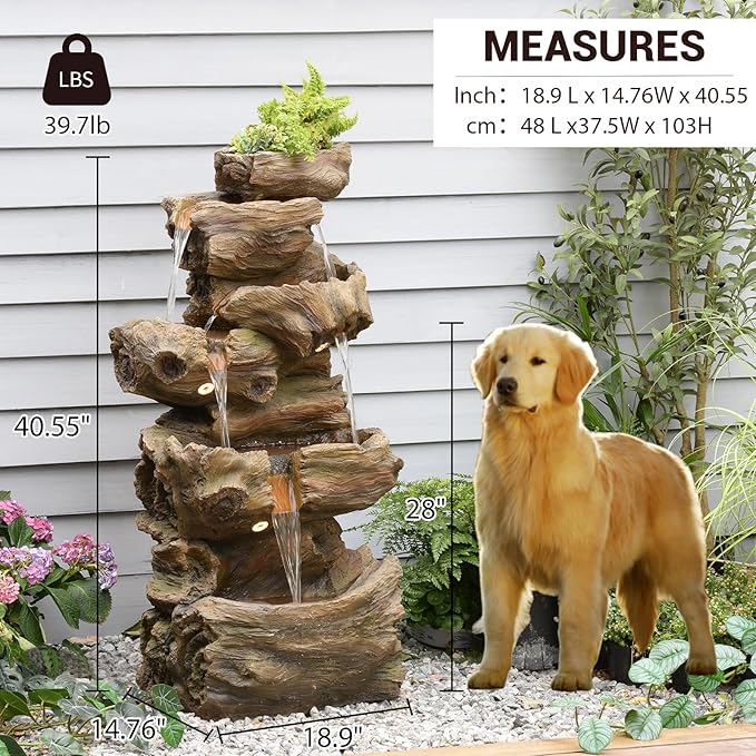 40.6" H Wood-Like Water Fountain Indoor & Outdoor, 5-Tier Natural Cascading Waterfall with LED Light for Patio, Porch, Garden, Home Decor, Medium Wood