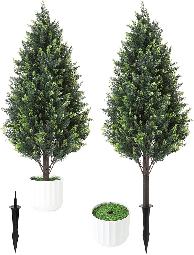Gladeup 3FT Artificial Cedar Topiary Trees Set of 2 Detachable Planter & Spike,UV Resistant Faux Plants Outdoor and Indoor,Realistic Fake Bushes Pine Tree for Front Porch Decor(Cedar Green)