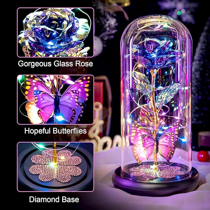 Valentines Day Rose Gifts for Her Women Birthday Gift Galaxy Glass Rose in Glass Dome Forever Eternal Crystal Flowers with Butterfly Valentines Day Gifts for Women Daughter Mom Wife Girlfriend Purple