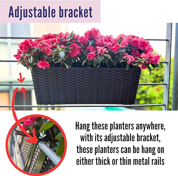 LaLaGreen Deck Railing Planter Box (20 Inch, 4 Pack) Black Rectangular Window Flower Boxes with Bracket, Self Watering System Hanging Planter Box for Outdoor Plant Container Herb Rail Fence Balcony