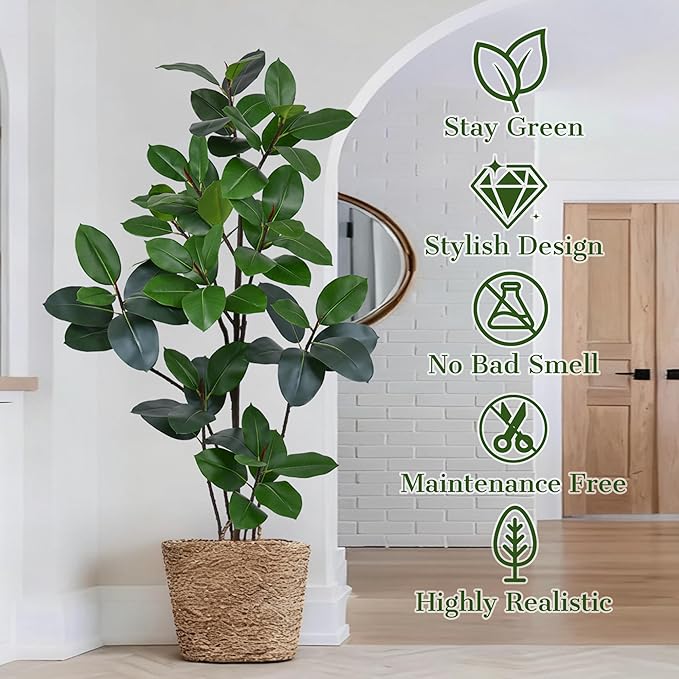 6FT Artificial Green Rubber Tree - 72" Faux Trees Indoor with 70 Lifelike Vivid Leaves and 10 Heads, Tall Fake Potted Plant for Home Office Living Room Decor Housewarming Gift