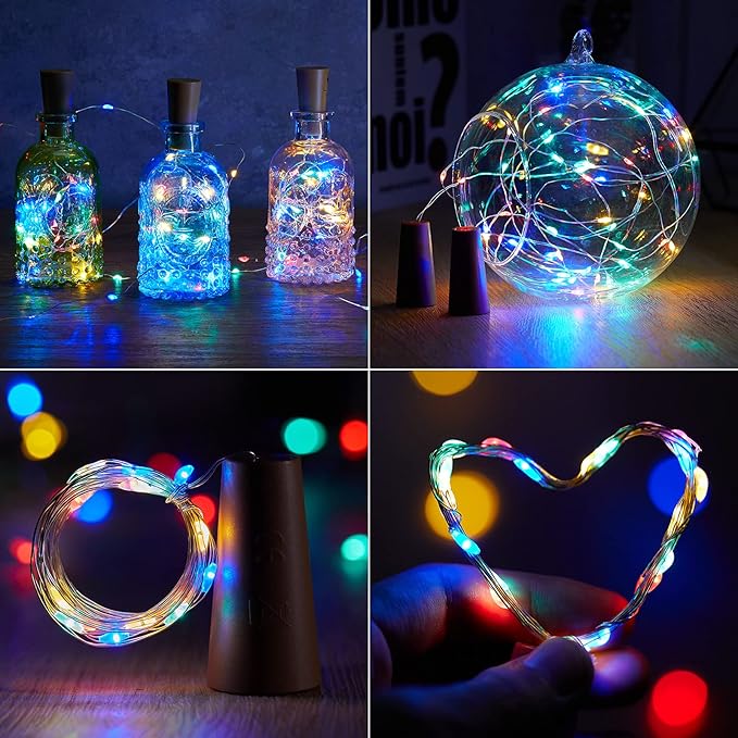 Wine Bottle Lights with Cork, Twinkle Lights 10 Pack 20 LED Waterproof Battery Operated Cork Lights, Silver Wire Mini Fairy Lights for Liquor Bottles DIY Party Christmas Wedding Décor Multicolor