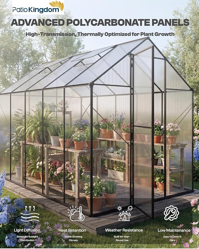 6x10 FT Greenhouse, Outdoor Greenhouse with Aluminum Frame, Polycarbonate Greenhouse for Outdoors with Roof Vent, Walk in Greenhouse for Outside Garden Backyard, Patio, Lawn (Black)