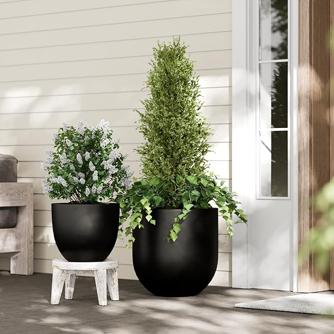 DTY Signature Mount Antero 15.7''D x 15.7''H Modern Indoor Outdoor Fiberstone Bullet Shaped Planter, Durable Round Garden Pot, Weather Resistant, Drainage Hole & Rubber Plug - Medium, Black