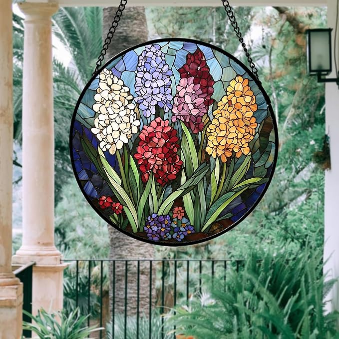 DASTOLL Stained Glass Window Hanging, Colorful Hyacinth Flowers Suncatcher for Doors Window Home Plant Sun Catchers Decoration Mother's Day Birthday Gifts for Women, Men, and Mom 11.8x11.8 in
