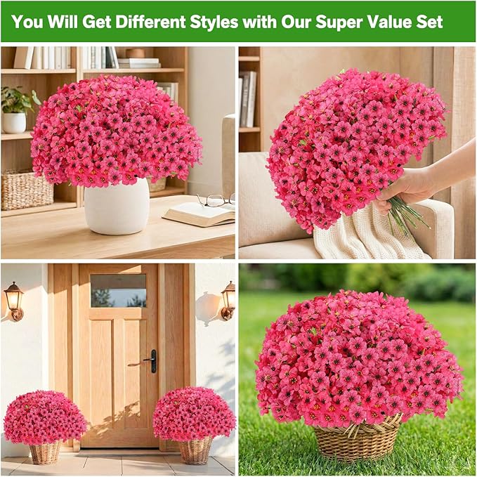 22 Bundles Artificial Flowers Outdoor, Faux Flowers UV Resistant with Plastic Plants, Faux Silk Flowers for Outdoors Outside Front Porch Hanging Planter Window Box Garden Decoration(Rose Red)