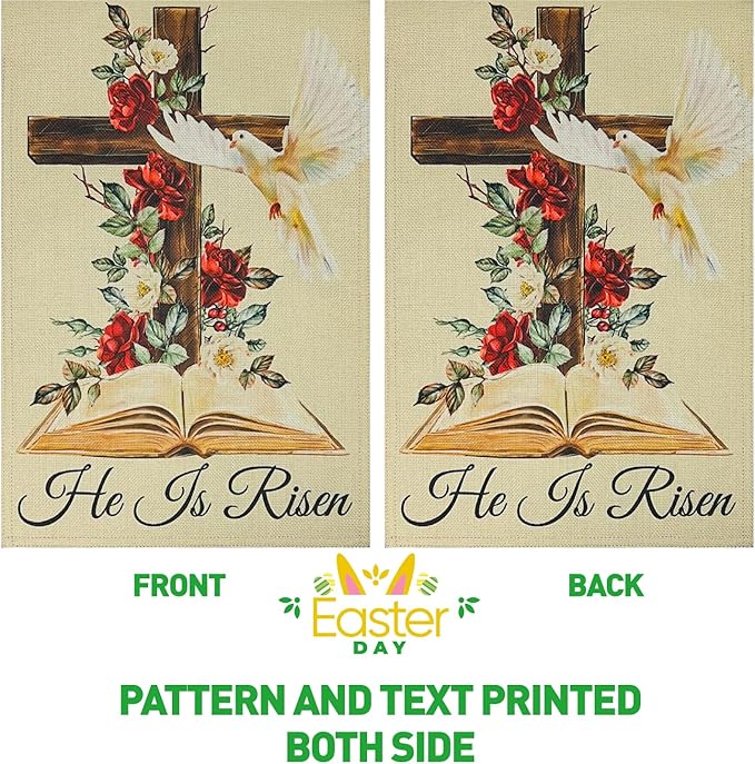 He Is Risen Easter Garden Flag Double Sided 12×18 Inch,Cross Flowersn Dove Decorations Small Burlap Religious Holiday Yard Flags for Outside
