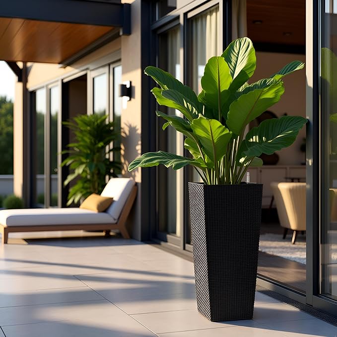 Vigo huseeo 30in Tall Planter, Self Watering Pots for Indoor/Outdoor Plants with Drain Holes, Water Level Monitor, Inner Bucket for Front Porch Patio, Black Large(1 Set)
