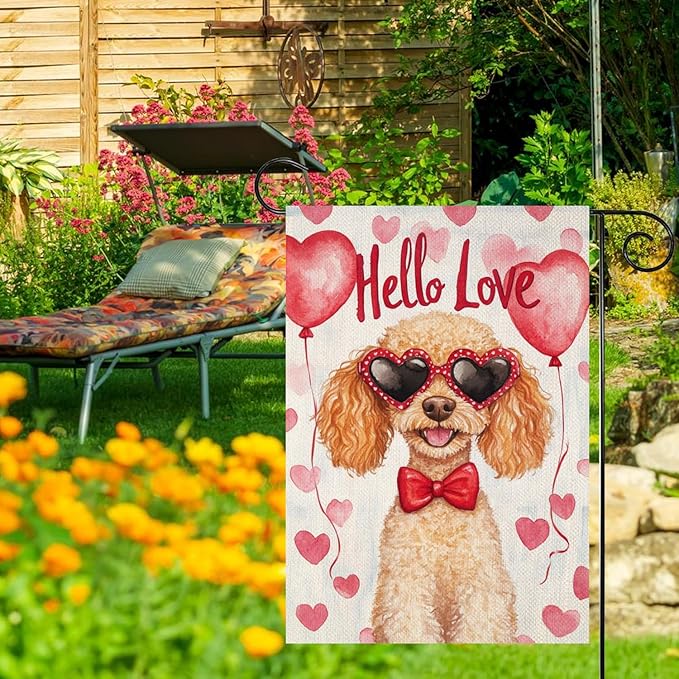 Valentine's Day Poodle Hello Love Garden Flag, House Yard Plaid Love Heart Outside Decoration, Spring Holiday Wedding Anniversary Outdoor Small Decor 12x18(12634)