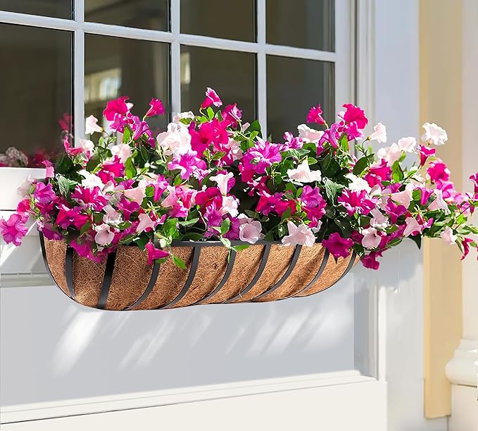 30 Inch Window Deck with Coco Liner, 30" Window Boxes Horse Trough with Coconut Coir Liner, Fence Metal Hanging Flower Planter Window Basket Deck Railing Planter Boxes for Outdoor Garden Lawn, 2pcs