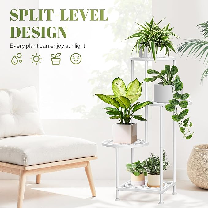YOCOMEY 4 Tier Plant Stand Outdoor Indoor, Metal Flower Shelf Display Holder, Multiple Plants Corner Tall Flower Holders for Patio Balcony Porch Garden Living Room (White)