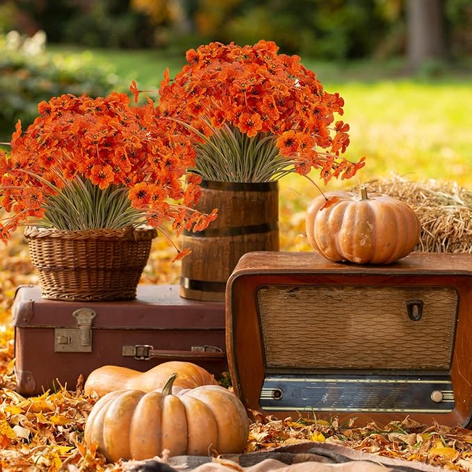 JEMONG 20 Bundles Artificial Fall Flowers Outdoor UV Resistant Fake Flowers No Fade Faux Plastic Plants Garden Porch Window Box Decorating (Fall Brown