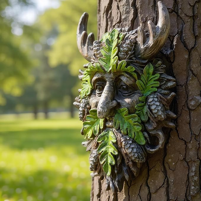 8.3" Real Tree Face Hugger Statue, Garden Outdoor Resin Sculpture with Foliage Features, Fairy Elve Accent Yard Art, Halloween Trees Decorations Outdoor Wall Mounted Statue