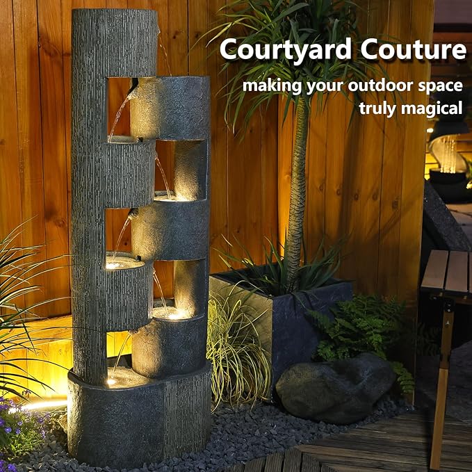 51" Outdoor Water Fountain Uneven Cylinders Waterfalls Fountain Floor Standing Water Fountains with LED Lights, Pump, Natural Stones for Garden, Living Room, Patio