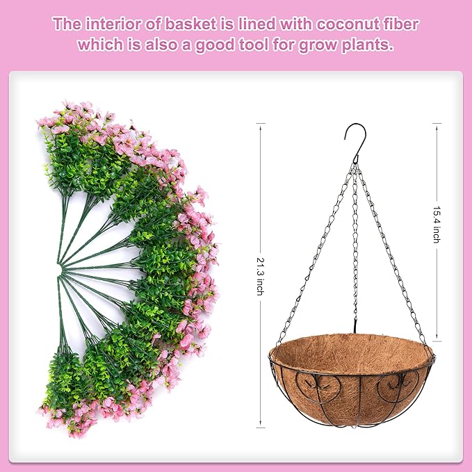 Artificial Flowers Hanging Basket for Outdoor Indoor Spring Summer Decor,Fake Silk Colorful Daisy Eucalyptus in 12" Metal Coconut Lining Flowerpot Arrangement for Home Patio Yard Decor(Pink)