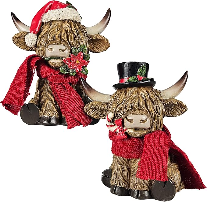 Holiday Scottish Highland Cows - Set of 2 | Resin Home Decor with Christmas Santa Hat Accents | Seasonal Xmas Decor for Centerpiece, Mantel, Kitchen, Dining Room, and More | 5 ¼ inches tall