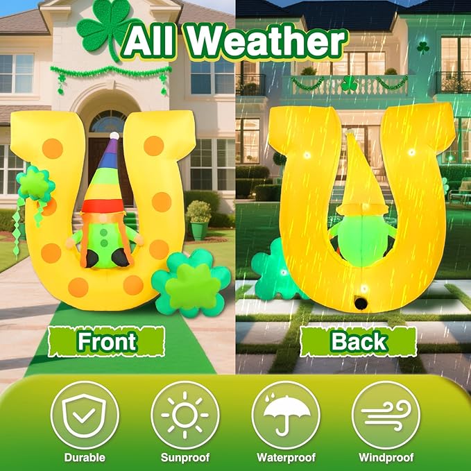 4.9FT St Patricks Day Inflatables Outdoor Decorations Blow Up Gnome Sits on Lucky Horseshoe Arch with Shamrock LED-Lighted Décor Leprechaun for Yard Lawn Garden Party Holiday