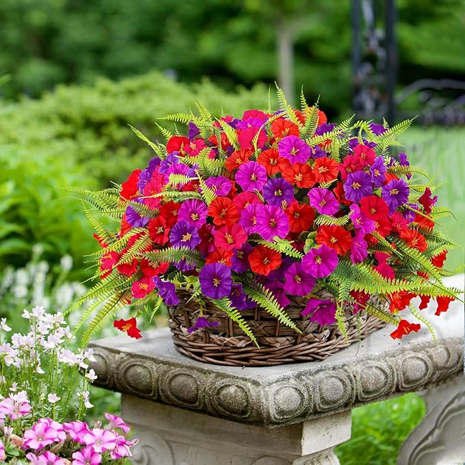 HIAGROW Artificial Flowers for Outdoors 12 Bundles Artificial Petunias Fake Flowers UV Resistant Shrubs Plants with Fern for Indoor Outside Hanging Planters Home Garden Spring Summer Decorations