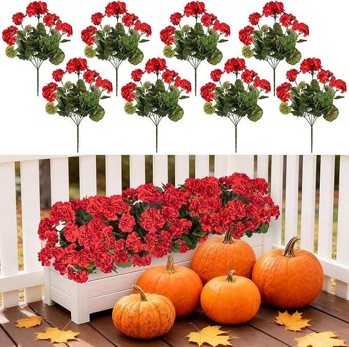 Uqueeten Artificial Flowers for Outdoors Artificial Geranium,8PCS Fake Flower Geranium Artificial Plant Home Decor,Silk Geraniums Artificial Flowers Realistic Outdoor Flower Decoration (Red) 14.4"