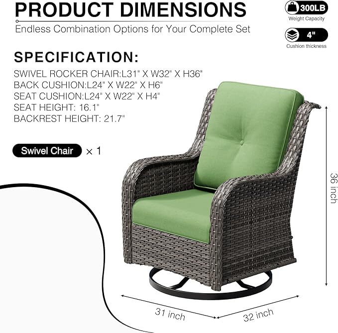 Joyside Outdoor Swivel Rocker Patio Chairs, Wicker Patio Furniture with High Back, Deep Seating, Wide Armrest, Thickened Cushions, Outdoor Rattan Furniture for Deck, Porch Use
