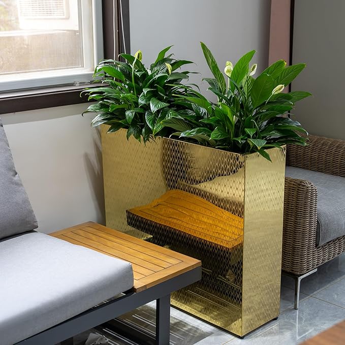 CYC Luxury Golden 30"H x 34"W x 10"D Stainless Steel Rectangular Tall Large Planter Box with Mirror Etching No Coating for Indoor or Outdoor Patio/Porch, Modern Décor for Tall Plants, Trees, Flowers