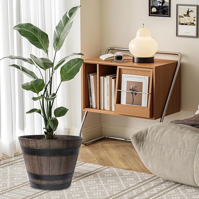 WEICHENGXING Large Plant Pots, 22.25 Inch 2 Pack Plastic Whiskey Barrel Planters, Big Flower Pots Wine Barrel Design for Outdoor Indoor, Garden, Porch, Patio, Backyard