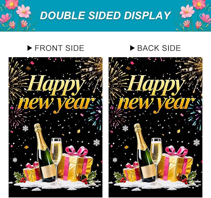 Happy New Year House Flag 28x40 Inch Champagne Bottle Gift Boxes and Fireworks Garden Flag Black Gold Holiday Outdoor Yard Decoration Celebration Banner for Home Porch Lawn