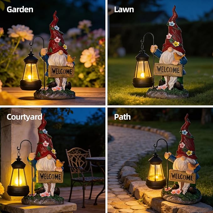 Garden Decor Gnomes Outdoor Statue with Solar Lights-Solar Garden Gnomes Decorations for Patio Lawn Yard Balcony with Lantern,Welcome Sign with Butterfly Flower, Birthday Gifts for Women Mom Grandma