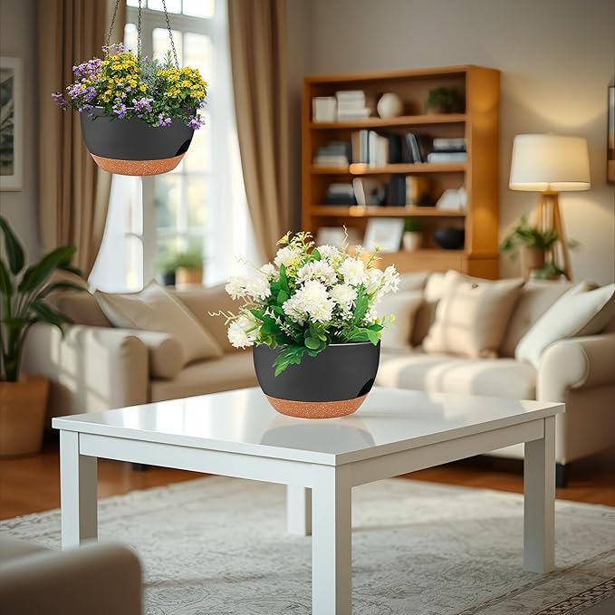 zople 2 Pack 12 Inch Large Hanging Planters with Chains Self Watering Black Brown Plastic Hanging Pots for Indoor Outdoor Plants, Garden Porch Home Decor，Black Brown