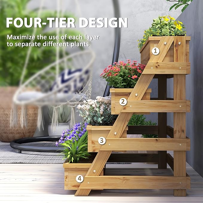 Outsunny 4 Tier Raised Garden Bed with Drainage Holes, Vertical Wooden Planter Box Freestanding Garden Bed with Bed Liner, Outdoor Planter Box for Garden, Patio, Balcony