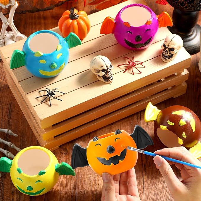 Pasimy 6 Set Ceramics to Paint DIY Ceramic Succulent Planter Pots Paint Your Own Flower Pots Craft Kit Unpainted Bisque Flowerpot with Brush Palette for Family Activity Holiday Gifts(Bat)