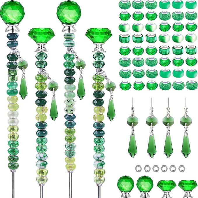 121 Pcs DIY Fairy Wand Beaded Garden Stakes Kit, Fairy Wands Garden Kit Deep Green Large Hole Bead with Pendants Crystal Stopper Top Threaded Rod Beaded Garden Stakes Supplies for Outdoor Decorative