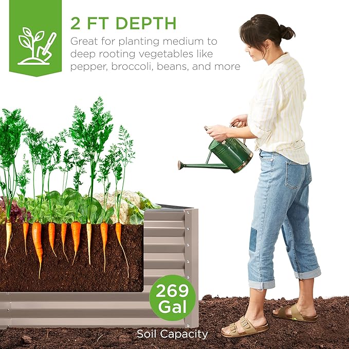 Best Choice Products 6x3x2ft Outdoor Metal Raised Garden Bed, Deep Root Box Planter for Vegetables, Flowers, Herbs, and Succulents w/ 269 Gallon Capacity - Taupe
