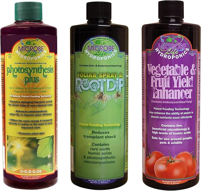 Microbe Life Hydroponics Additive Kit, Includes One 16-Ounce Bottle Each of Photosynthesis Plus, Foliar Spray & Root Dip, and Vegetable and Fruit Yield Enhancer, Use with Any Feeding Systems