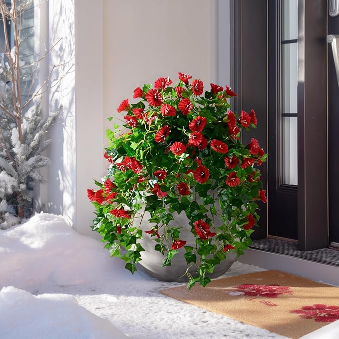 Morning Glory Artificial Hanging Flowers for Outdoors 3 Pcs Fake Petunias Flower Faux Silk Long Trailing Vines Realistic Flower for Front Door Porch Patio Balcony Garden Yard Decor (3 Pcs Red)